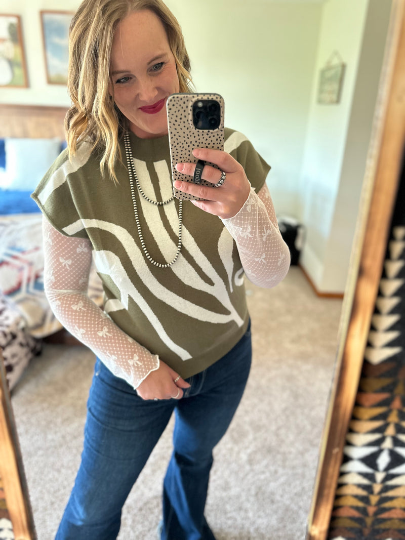 Olive Swirl Print Mock Neck Top