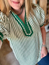 Green Stripe Puff Sleeve Top