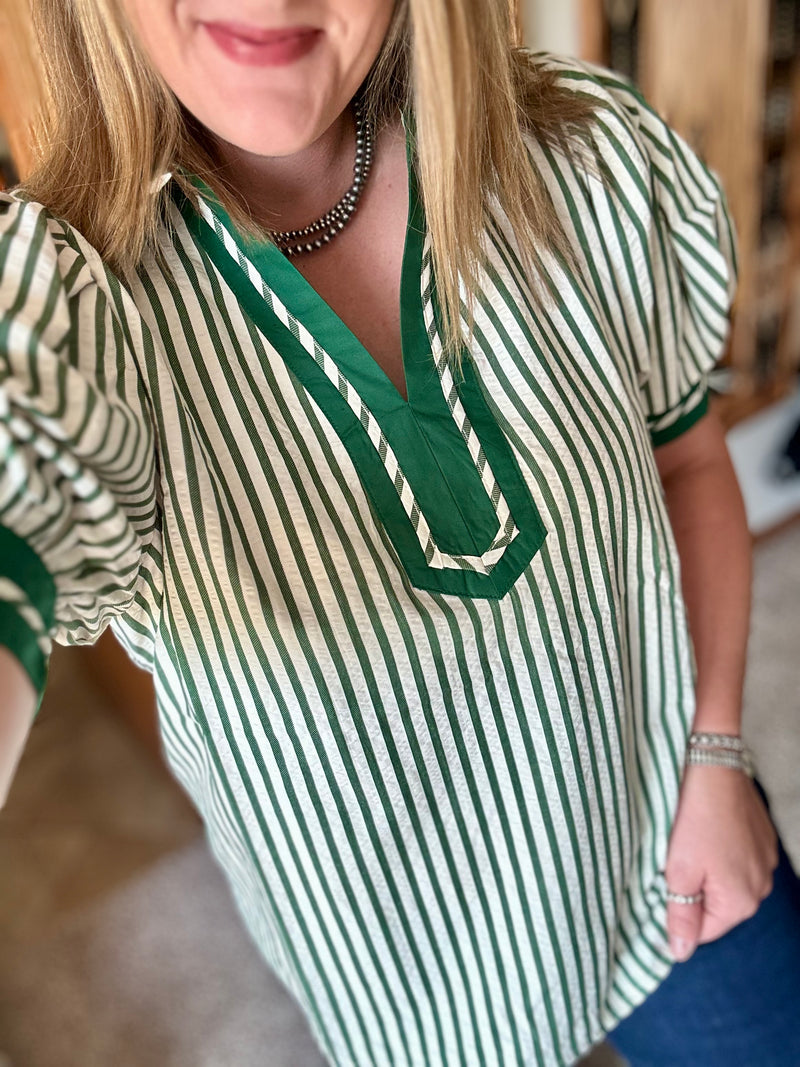 Green Stripe Puff Sleeve Top