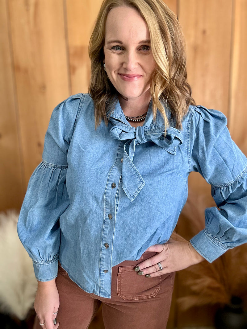 Denim Balloon Sleeve Bow Tie Top