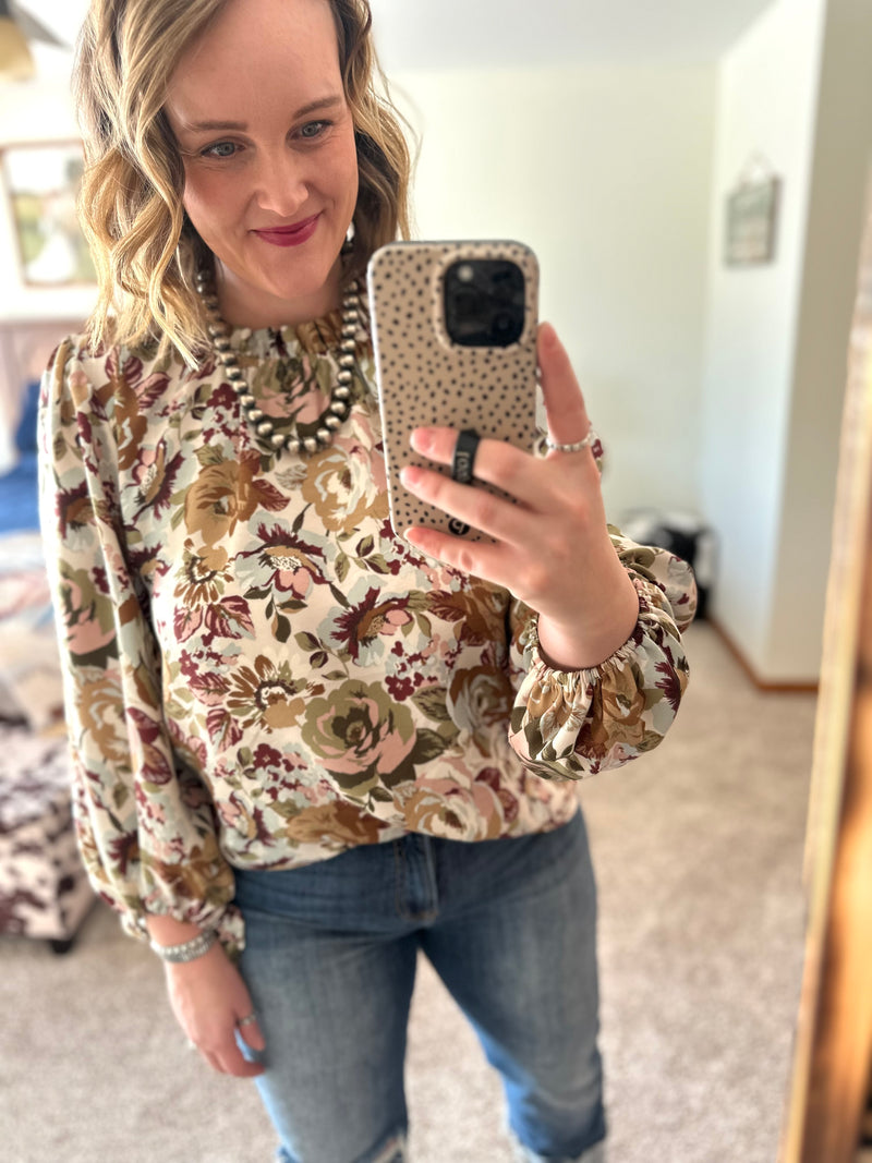 Floral Print Balloon Sleeve Top