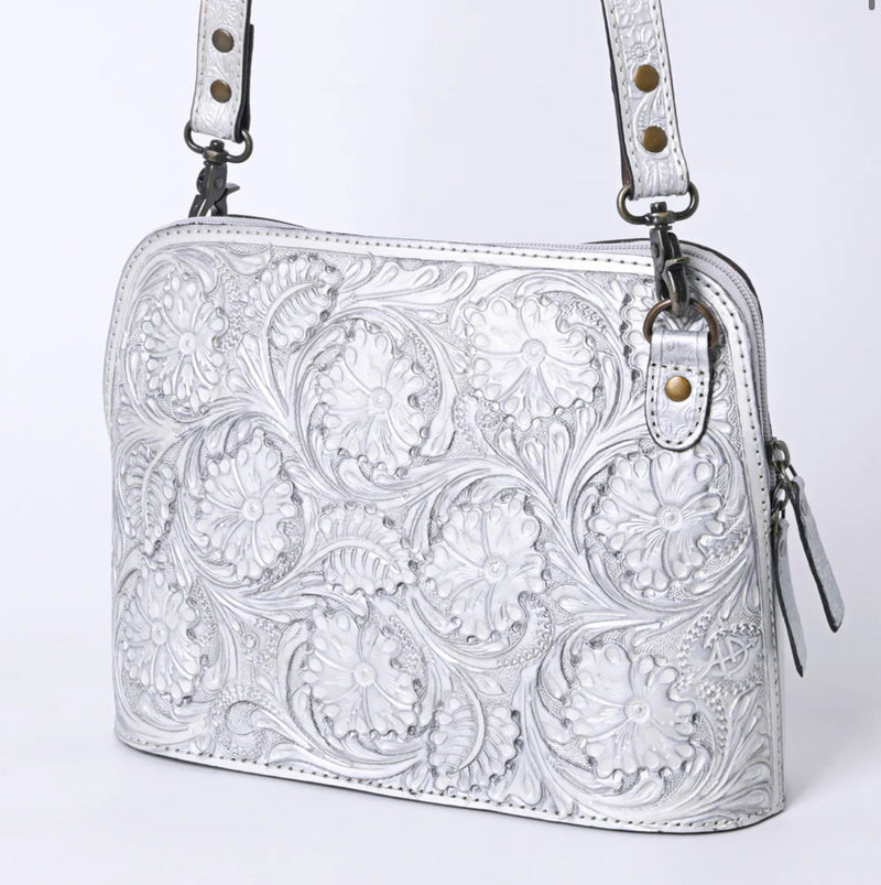 Simple Tooled Leather Crossbody - Silver