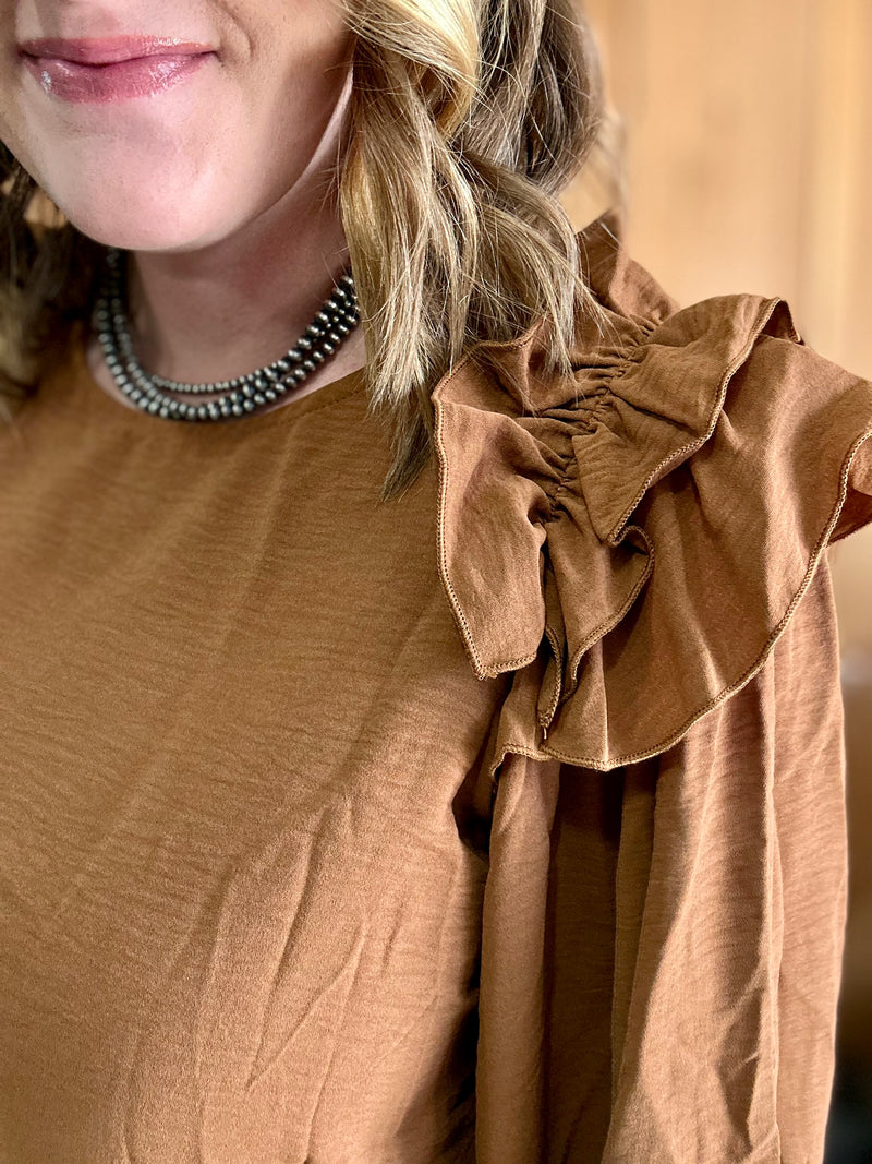 Camel Ruffle Shoulder Top