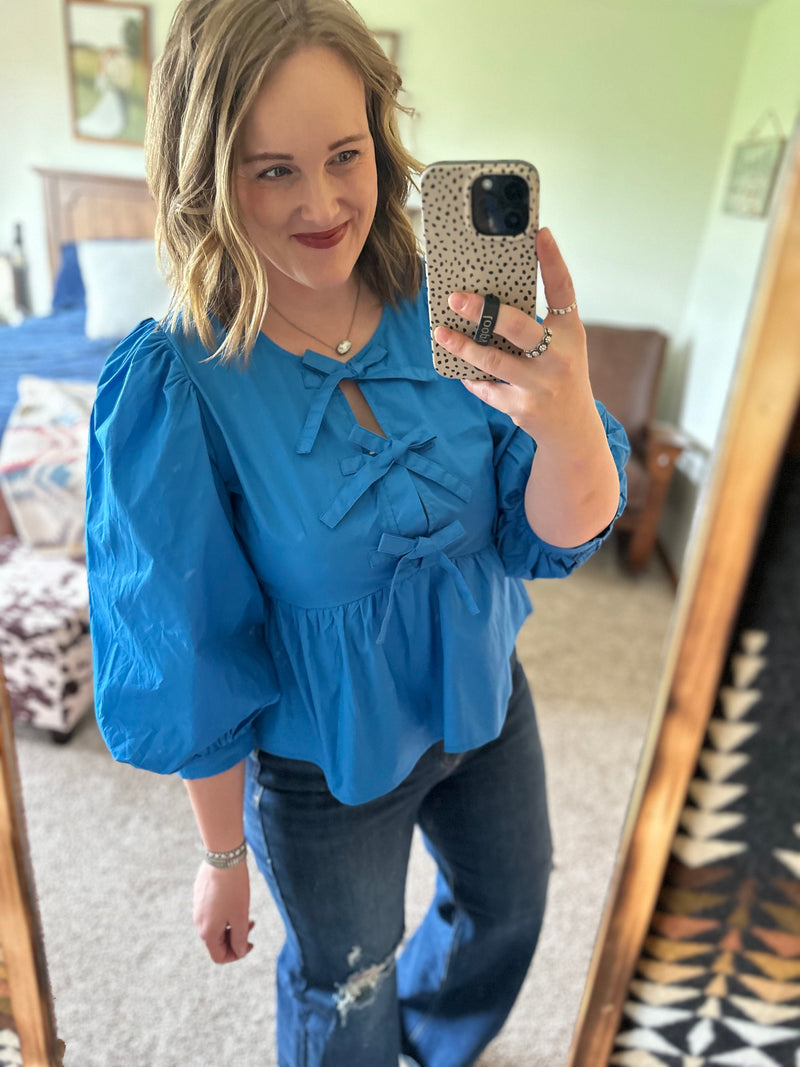 Blue Triple Bow Puffy Sleeve Top