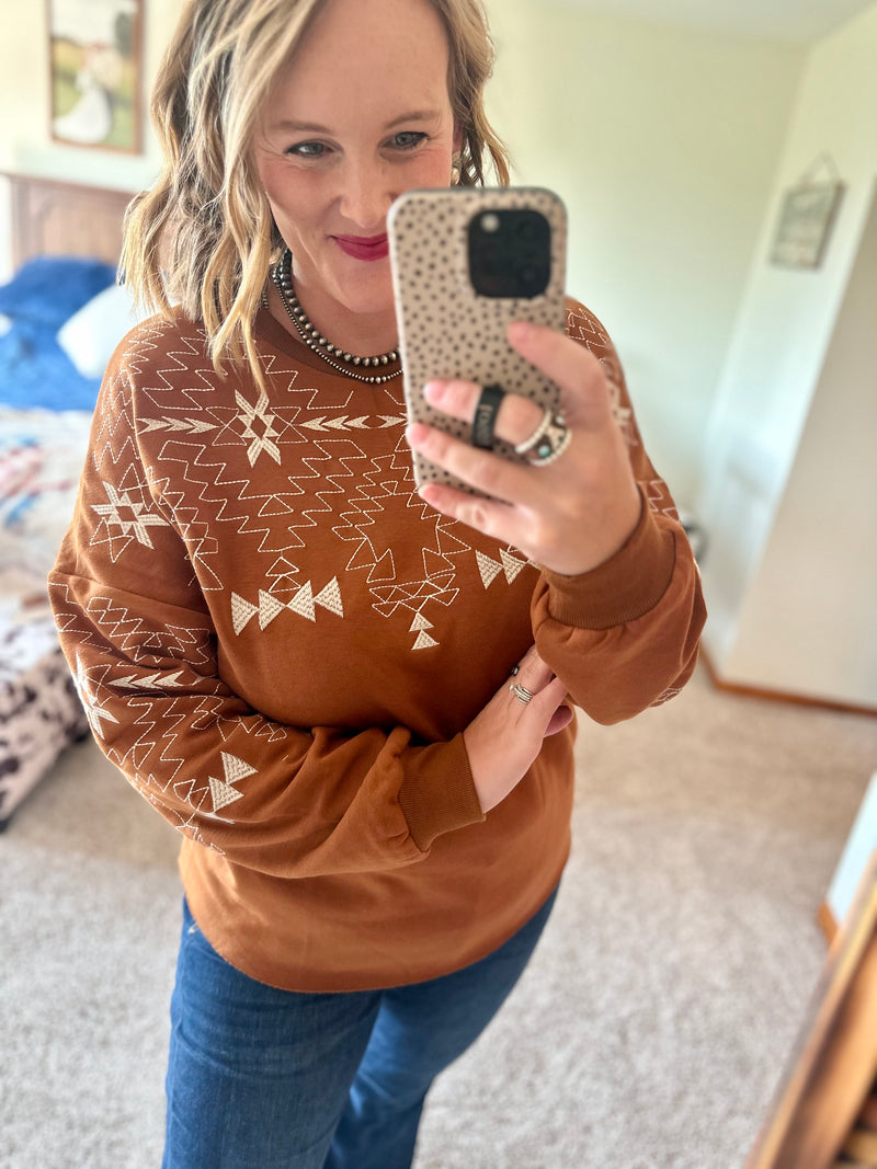 Brown Aztec Embroidered Sweatshirt