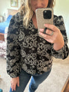 Paisley Eyelet Laced Button Down Blouse - Black