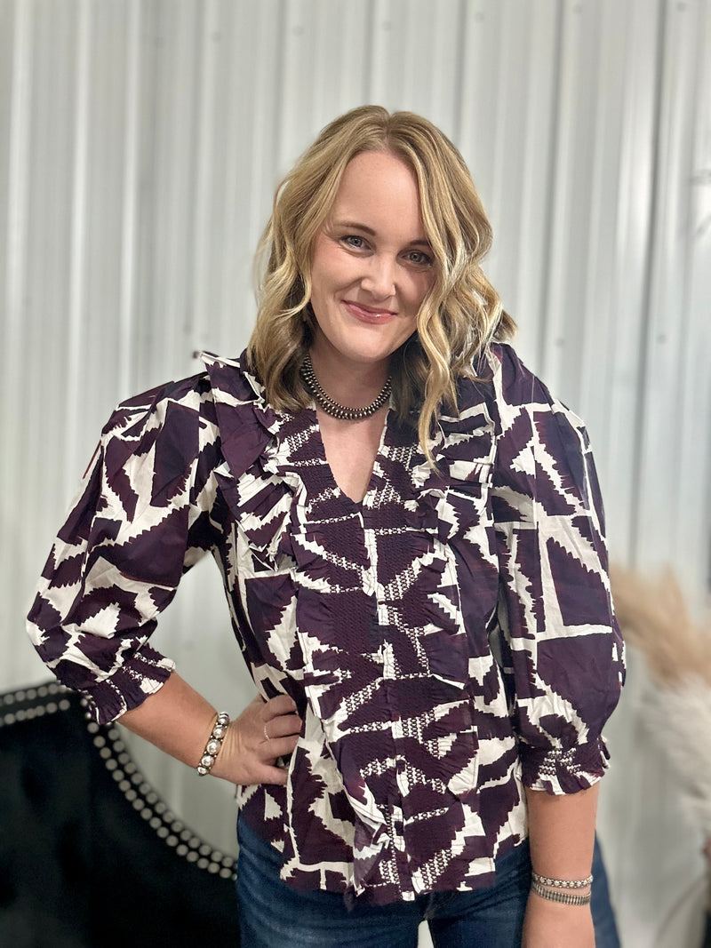 Plum 3/4 Sleeve Ruffled Front Top