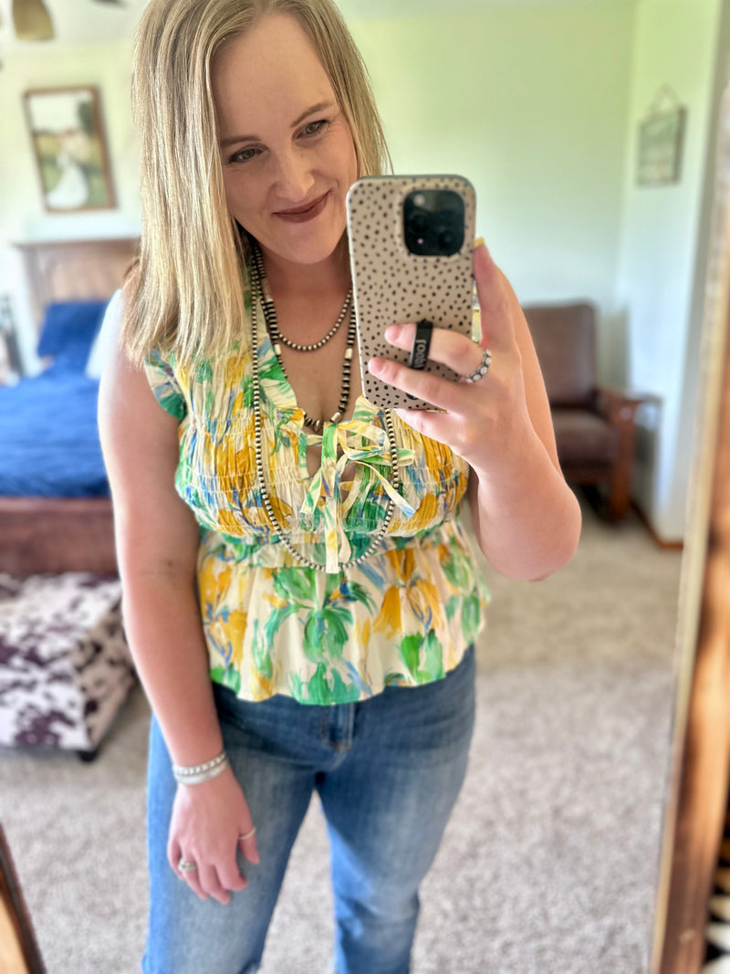 Floral Print Smocked Ruffle Hem Top
