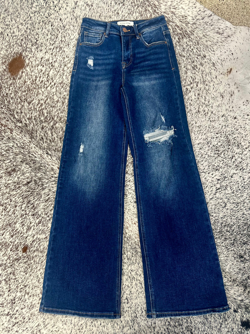 Risen Distressed Wide Leg Jeans