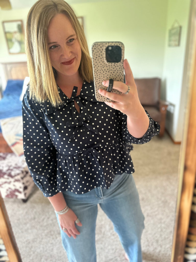Navy Polka Dot 3/4 Sleeve Top
