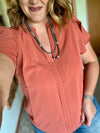 V Neck Tulip Sleeve Top - Rust