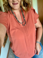 V Neck Tulip Sleeve Top - Rust
