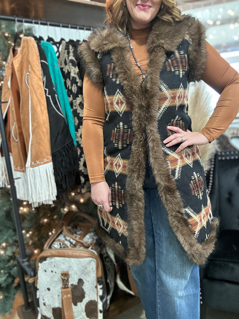 Black Aztec Fur Vest