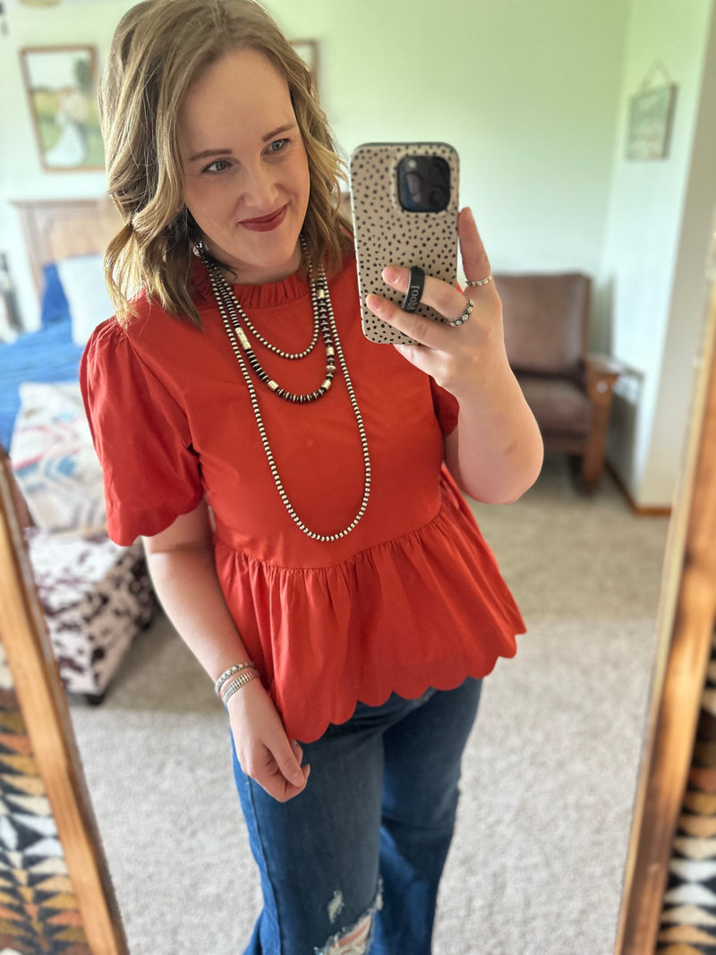 Rust Scalloped Peplum Top