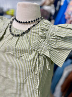 Sage Striped Ruffle Shoulder Top