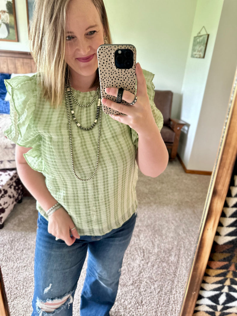 Sage Checkered Ruffle Shoulder Top