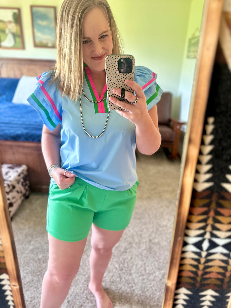 Kelly Green Pleated Elastic Shorts