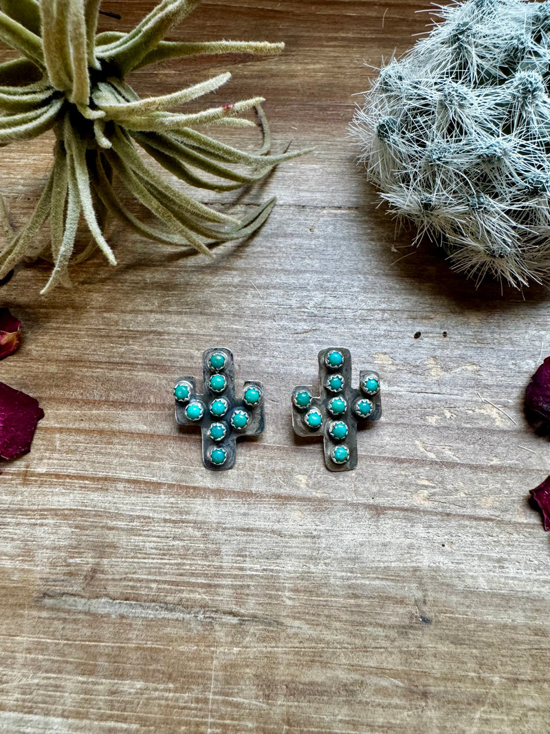 Cactus earrings stud - sterling silver and turquoise