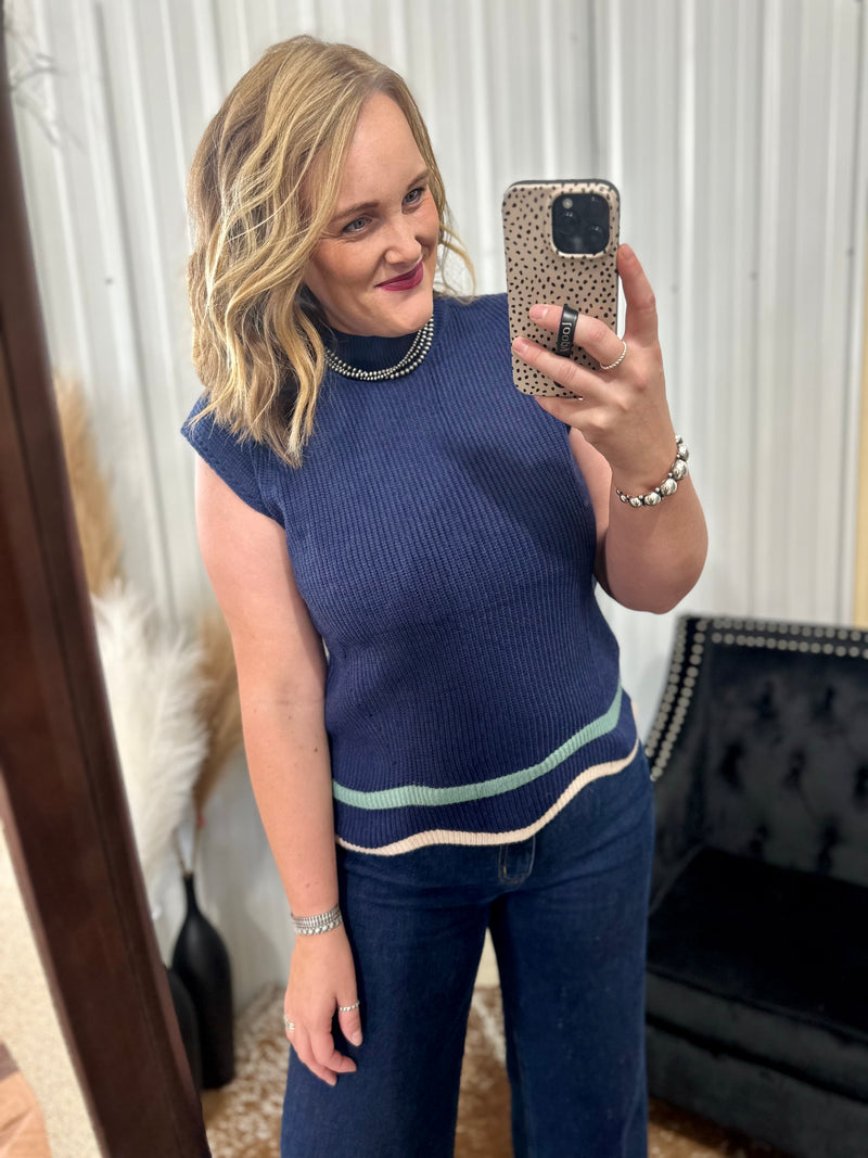 Navy Scalloped Hem Sweater Top