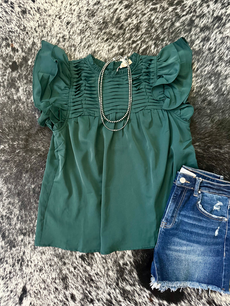 Forest Green Ruffle Mock Neck Top