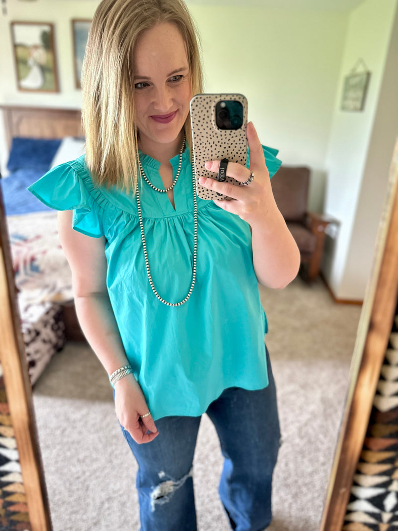 Aqua Flutter Poplin Top