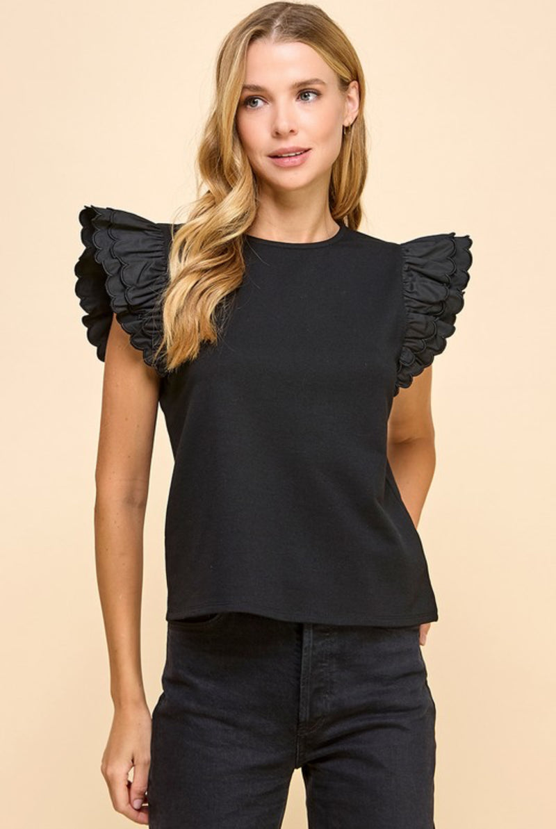 Scalloped Sleeve Top - Black