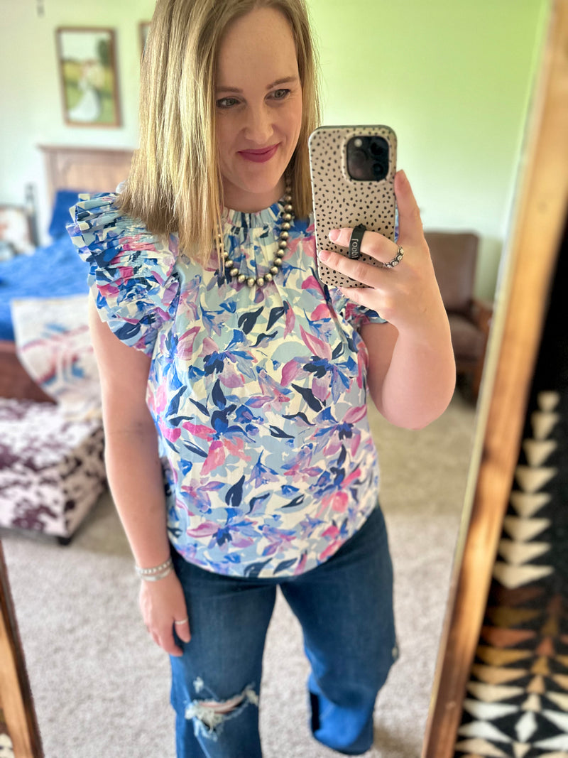 Blue Floral Ruffle Detail Top