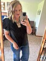 Leopard Trim Puff Sleeve Top - Black