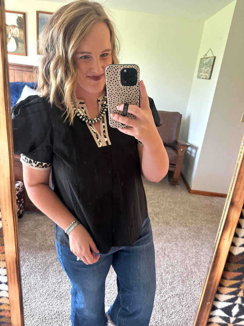Leopard Trim Puff Sleeve Top - Black