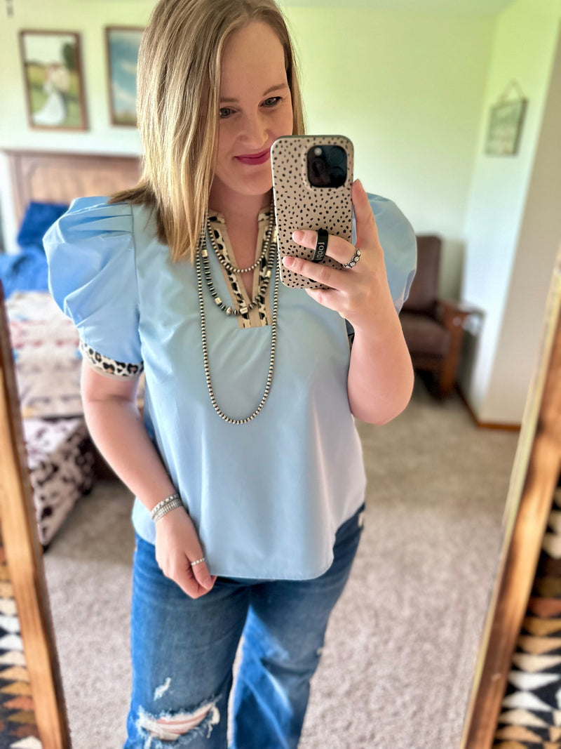 Light Blue Leopard Trim Top