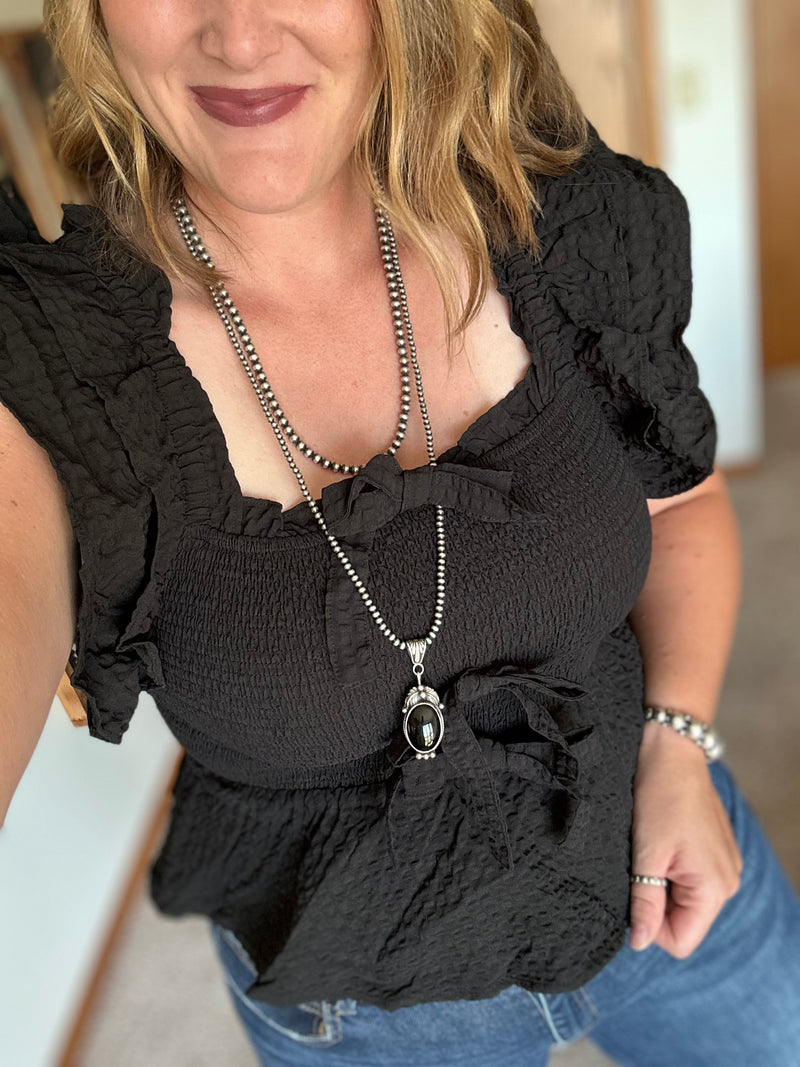 Black Textured Smocked Bow Top