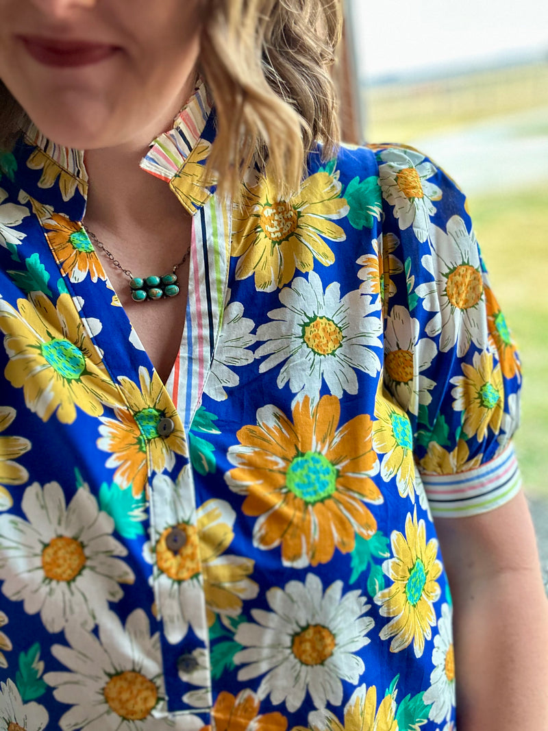Blue Floral V Neck Top