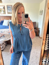 Denim Pleated Bow Tie Top