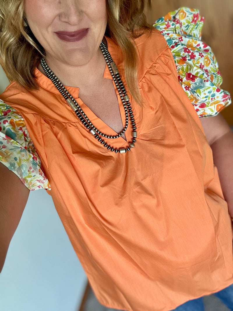 Tangerine Floral Sleeve Top