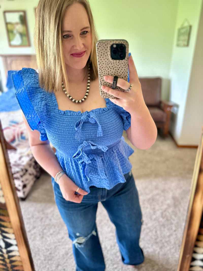 Blue Textured Smocked Bow Top