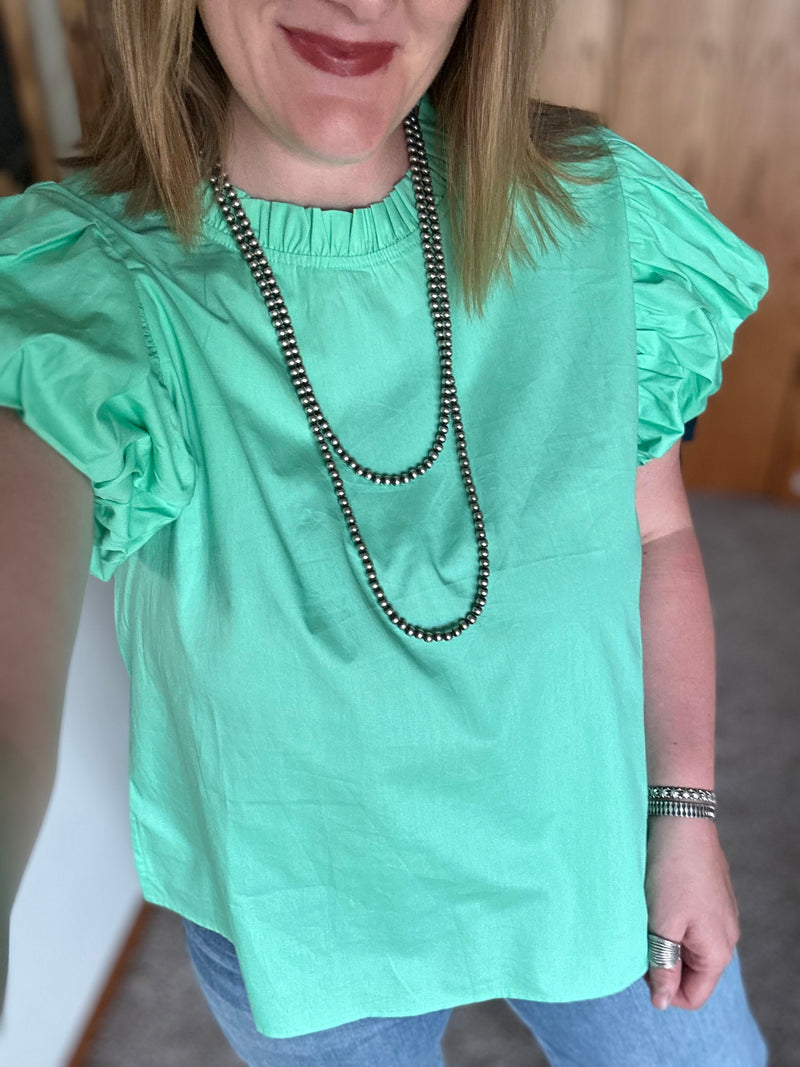 Mint Pleat Sleeve Mock Neck Top