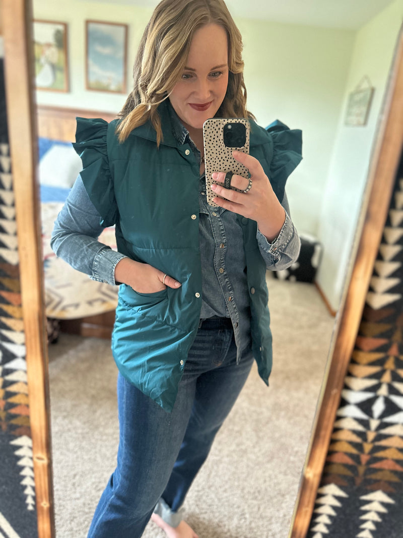 Ruffle Puffer Vest - Teal