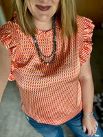 Orange/Pink Print Flutter Sleeve Top