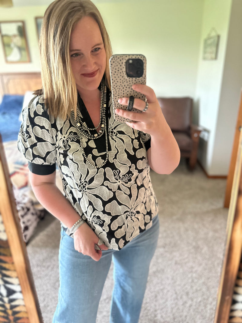 Black Floral Embroidered Puff Sleeve Top