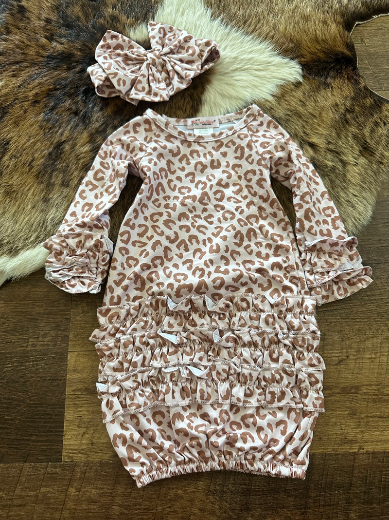 Blush Leopard Baby Gown with Bow