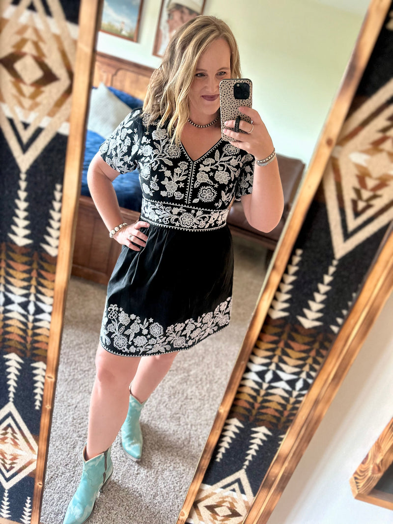Black Suede Embroidered Dress