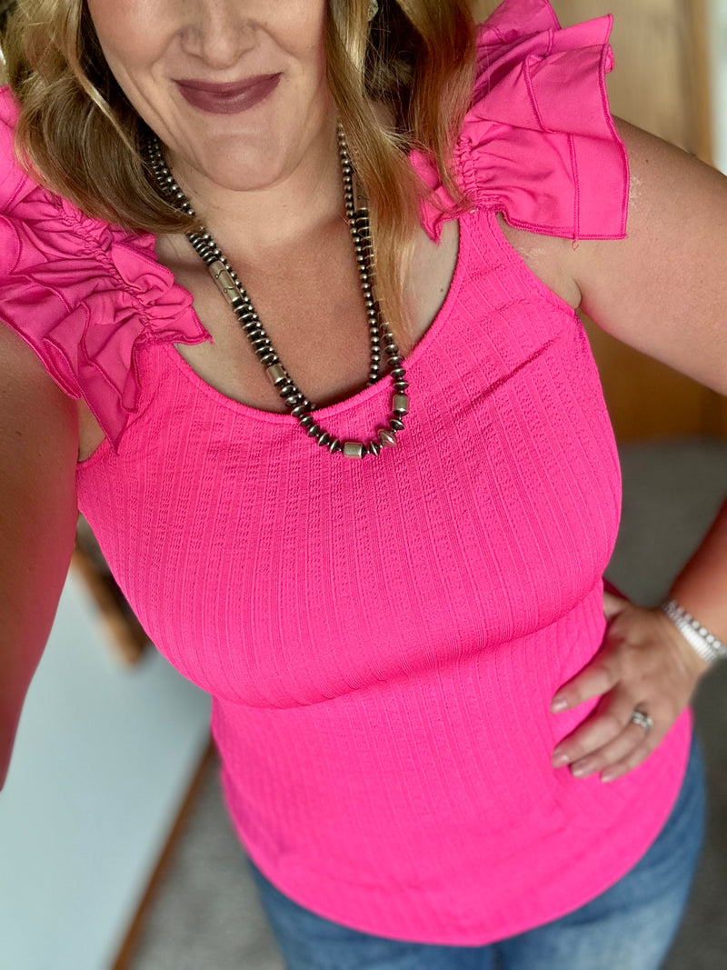 Pink Ribbed Ruffled Shoulder Tank