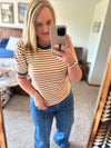 Tan Striped Top with Teal Trim