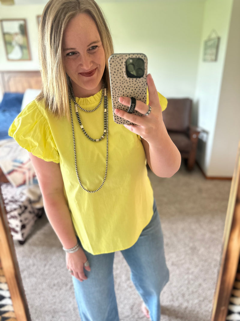Lemon Pleat Sleeve Mock Neck Top