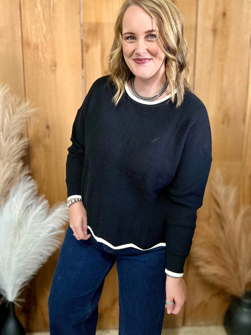 Black Scalloped Hem Sweater