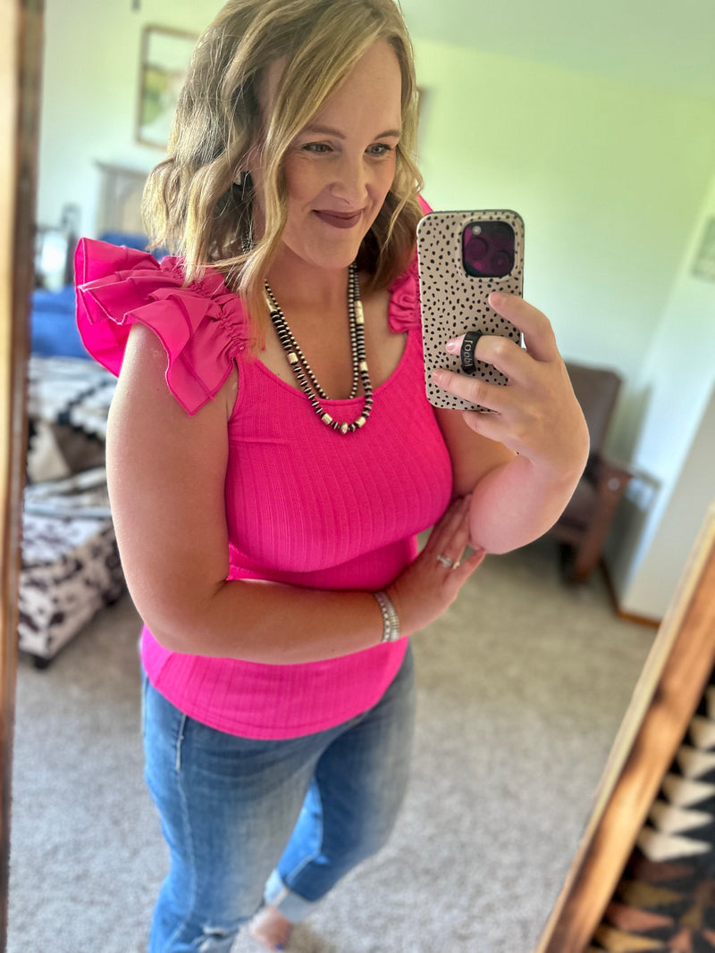 Pink Ribbed Ruffled Shoulder Tank