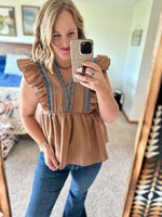 Brown Peplum Ruffle Shoulder Top