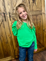 Girls Puff Shoudler Knit Top - Green