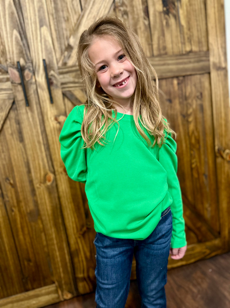 Girls Puff Shoudler Knit Top - Green