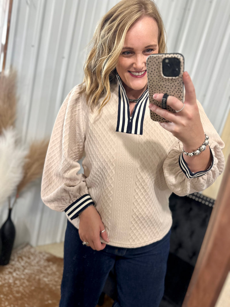 Beige Textured Quarter Zip Pullover